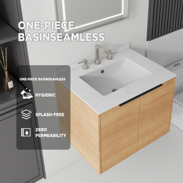 English Elm 24 Inch Floating Bathroom Vanity with Undermount Sink and Cultured Marble Top Oak Carrara White B2775S00077