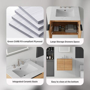 English Elm 24 Inch Floating Bathroom Vanity with Undermount Sink and Cultured Marble Top Oak Carrara White B2775S00077