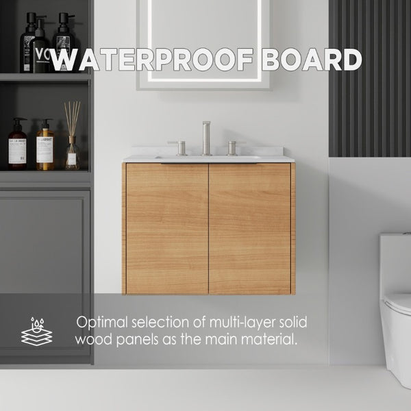 English Elm 24 Inch Floating Bathroom Vanity with Undermount Sink and Cultured Marble Top Oak Carrara White B2775S00077