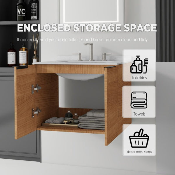 English Elm 24 Inch Floating Bathroom Vanity with Undermount Sink and Cultured Marble Top Oak Carrara White B2775S00077
