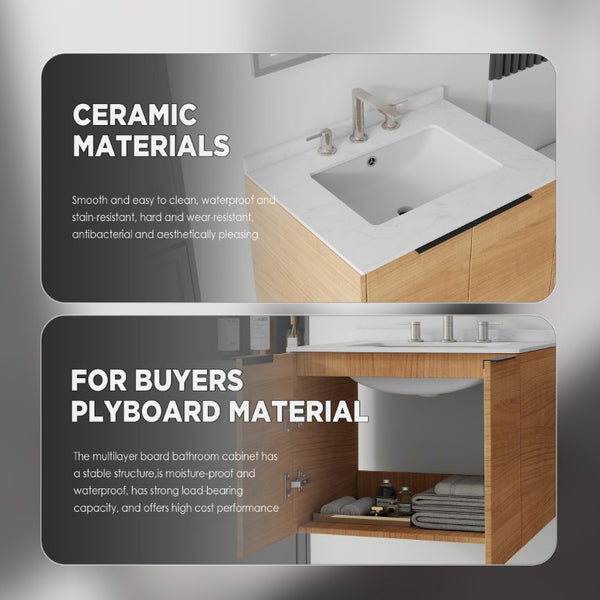 English Elm 24 Inch Floating Bathroom Vanity with Undermount Sink and Cultured Marble Top Oak Carrara White B2775S00077