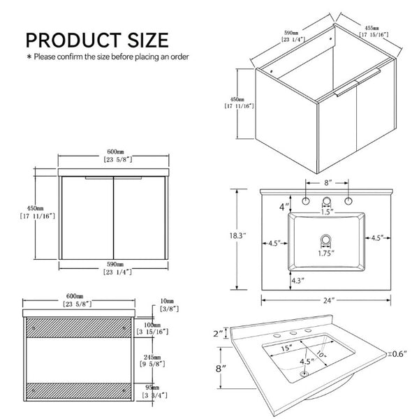 English Elm 24 Inch Floating Bathroom Vanity with Undermount Sink and Cultured Marble Top Oak Carrara White B2775S00077