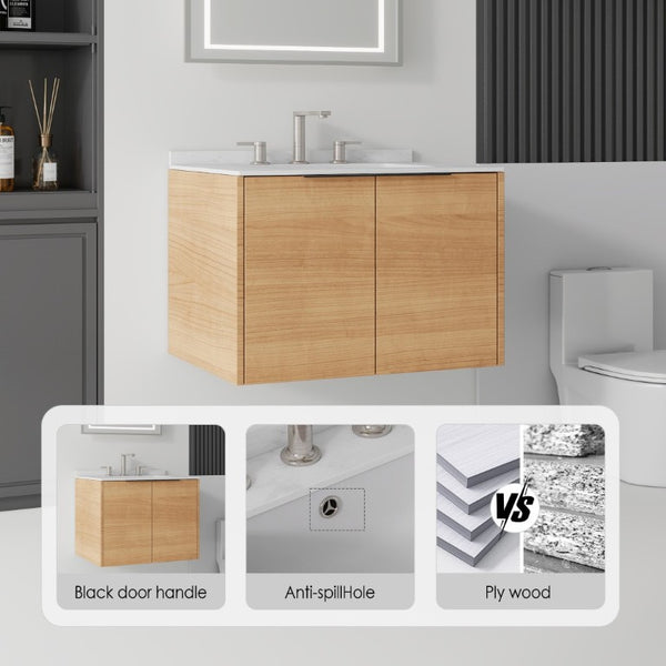 English Elm 24 Inch Floating Bathroom Vanity with Undermount Sink and Cultured Marble Top Oak Carrara White B2775S00077