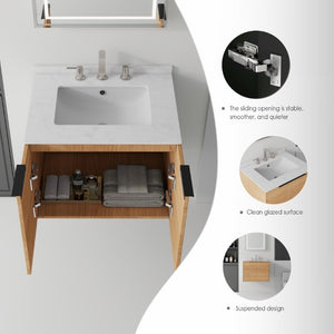 English Elm 24 Inch Floating Bathroom Vanity with Undermount Sink and Cultured Marble Top Oak Carrara White B2775S00077