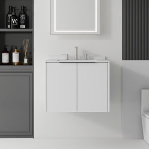 English Elm 24 Inch Floating Bathroom Vanity with Undermount Sink and Cultured Marble Top White Carrara White B2775S00078