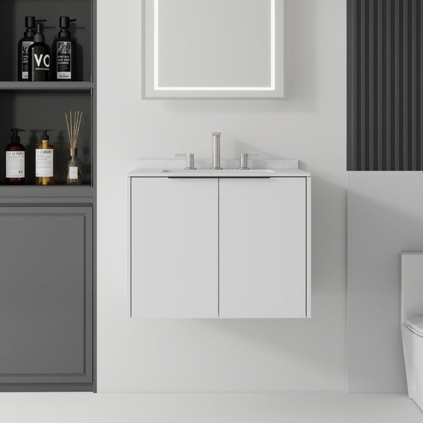 English Elm 24 Inch Floating Bathroom Vanity with Undermount Sink and Cultured Marble Top White Carrara White B2775S00078