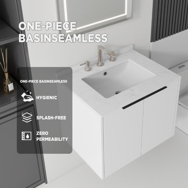 English Elm 24 Inch Floating Bathroom Vanity with Undermount Sink and Cultured Marble Top White Carrara White B2775S00078