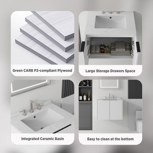 English Elm 24 Inch Floating Bathroom Vanity with Undermount Sink and Cultured Marble Top White Carrara White B2775S00078