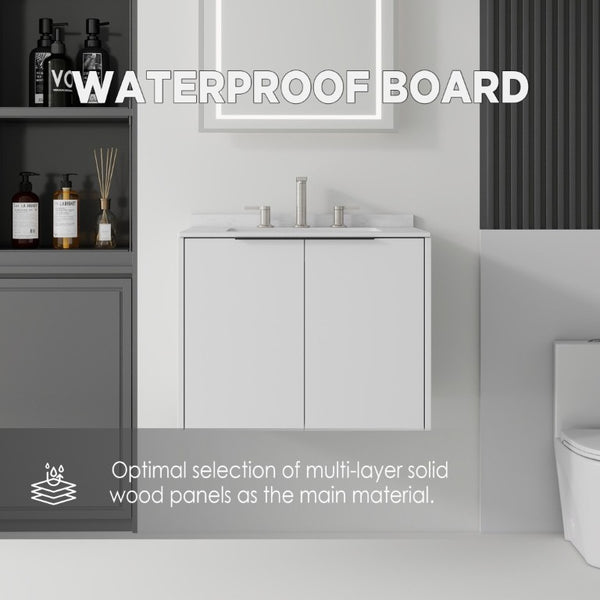 English Elm 24 Inch Floating Bathroom Vanity with Undermount Sink and Cultured Marble Top White Carrara White B2775S00078