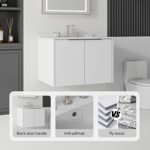 English Elm 24 Inch Floating Bathroom Vanity with Undermount Sink and Cultured Marble Top White Carrara White B2775S00078