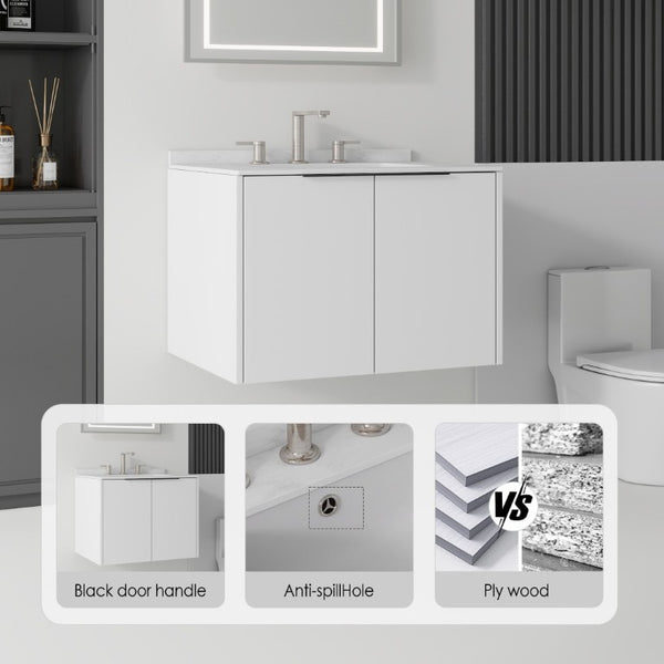 English Elm 24 Inch Floating Bathroom Vanity with Undermount Sink and Cultured Marble Top White Carrara White B2775S00078