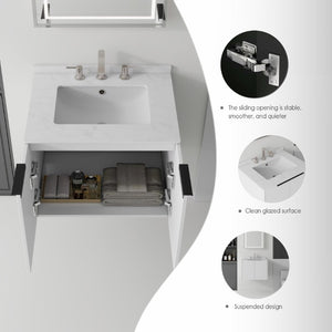 English Elm 24 Inch Floating Bathroom Vanity with Undermount Sink and Cultured Marble Top White Carrara White B2775S00078