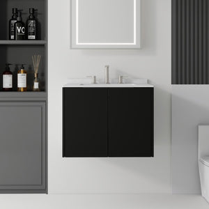 English Elm 24 Inch Floating Bathroom Vanity with Undermount Sink and Cultured Marble Top Black Carrara White B2775S00079
