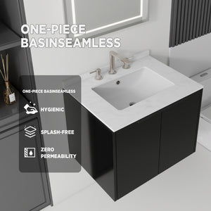 English Elm 24 Inch Floating Bathroom Vanity with Undermount Sink and Cultured Marble Top Black Carrara White B2775S00079