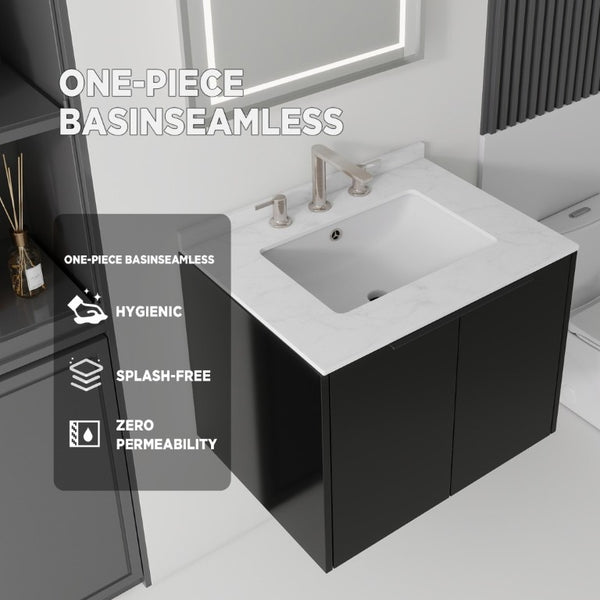 English Elm 24 Inch Floating Bathroom Vanity with Undermount Sink and Cultured Marble Top Black Carrara White B2775S00079