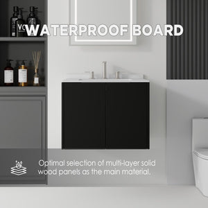 English Elm 24 Inch Floating Bathroom Vanity with Undermount Sink and Cultured Marble Top Black Carrara White B2775S00079