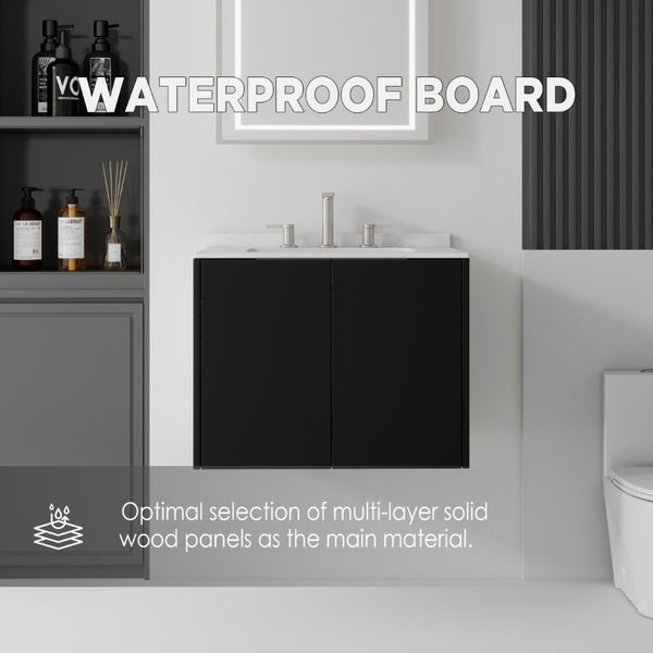 English Elm 24 Inch Floating Bathroom Vanity with Undermount Sink and Cultured Marble Top Black Carrara White B2775S00079