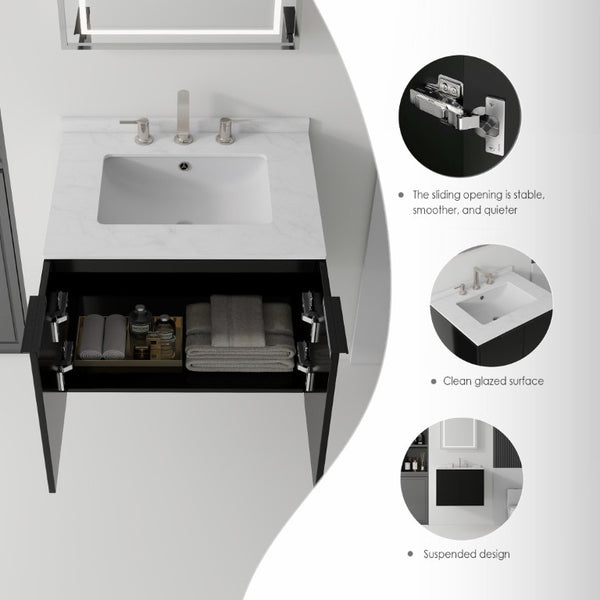 English Elm 24 Inch Floating Bathroom Vanity with Undermount Sink and Cultured Marble Top Black Carrara White B2775S00079