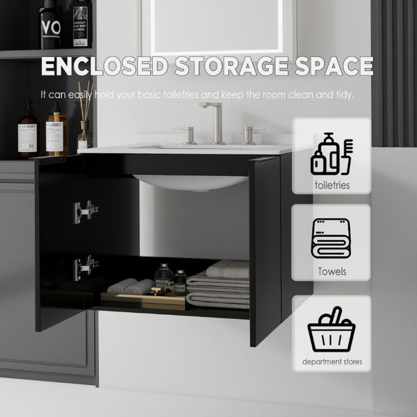English Elm 24 Inch Floating Bathroom Vanity with Undermount Sink and Cultured Marble Top Black Carrara White B2775S00079