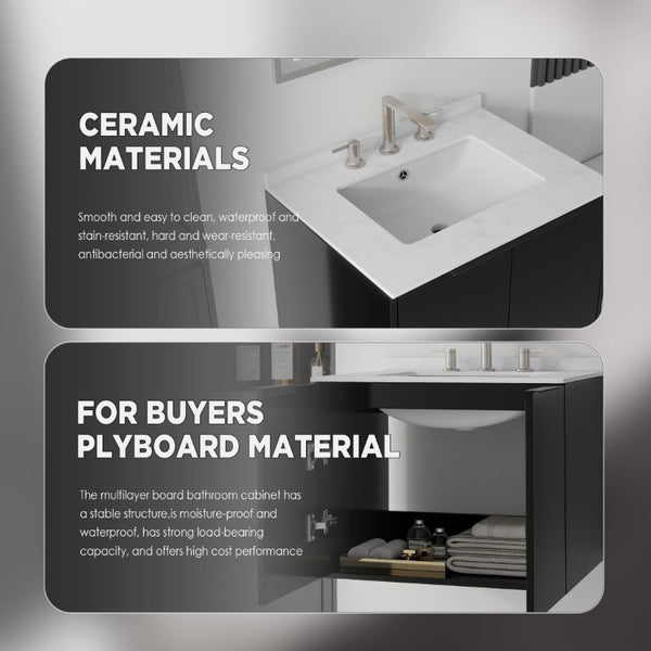 English Elm 24 Inch Floating Bathroom Vanity with Undermount Sink and Cultured Marble Top Black Carrara White B2775S00079