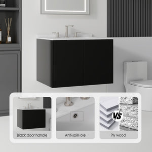 English Elm 24 Inch Floating Bathroom Vanity with Undermount Sink and Cultured Marble Top Black Carrara White B2775S00079
