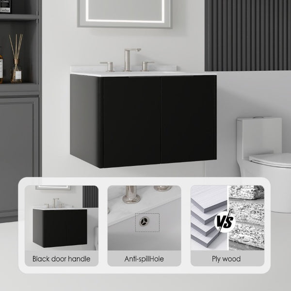 English Elm 24 Inch Floating Bathroom Vanity with Undermount Sink and Cultured Marble Top Black Carrara White B2775S00079