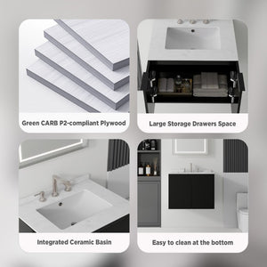 English Elm 24 Inch Floating Bathroom Vanity with Undermount Sink and Cultured Marble Top Black Carrara White B2775S00079