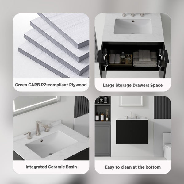 English Elm 24 Inch Floating Bathroom Vanity with Undermount Sink and Cultured Marble Top Black Carrara White B2775S00079