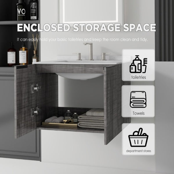 English Elm 24 Inch Floating Bathroom Vanity with Undermount Sink and Cultured Marble Top Grey - A Carrara White B2775S00080