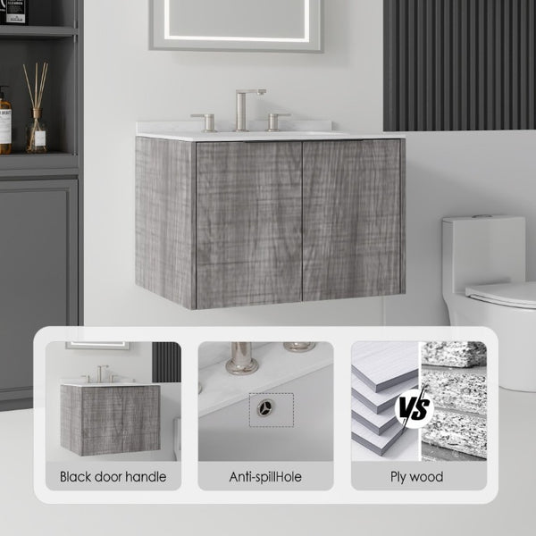 English Elm 24 Inch Floating Bathroom Vanity with Undermount Sink and Cultured Marble Top Grey - A Carrara White B2775S00080