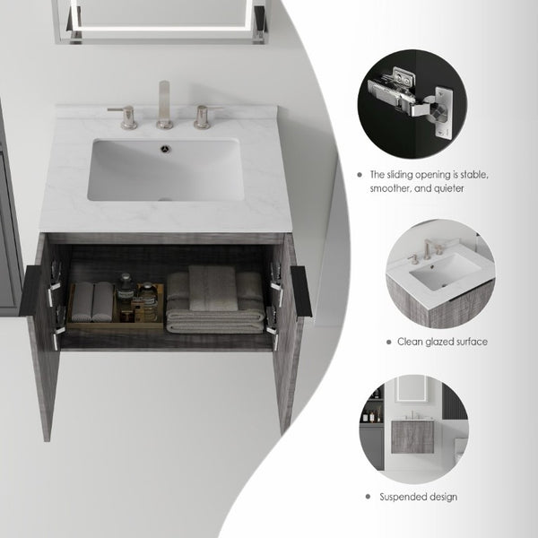 English Elm 24 Inch Floating Bathroom Vanity with Undermount Sink and Cultured Marble Top Grey - A Carrara White B2775S00080