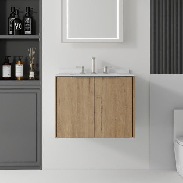 English Elm 24 Inch Floating Bathroom Vanity with Undermount Sink and Cultured Marble Top Oak - A Carrara White B2775S00081