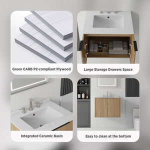 English Elm 24 Inch Floating Bathroom Vanity with Undermount Sink and Cultured Marble Top Oak - A Carrara White B2775S00081