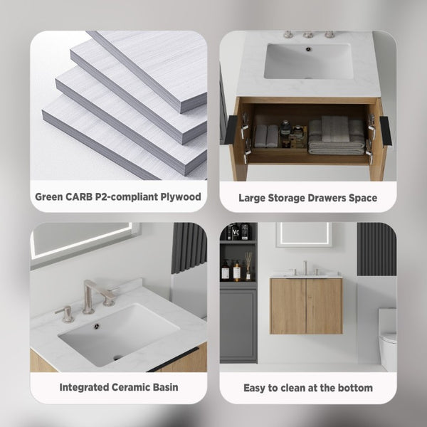 English Elm 24 Inch Floating Bathroom Vanity with Undermount Sink and Cultured Marble Top Oak - A Carrara White B2775S00081