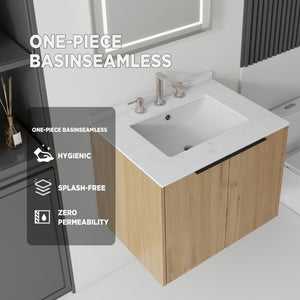 English Elm 24 Inch Floating Bathroom Vanity with Undermount Sink and Cultured Marble Top Oak - A Carrara White B2775S00081