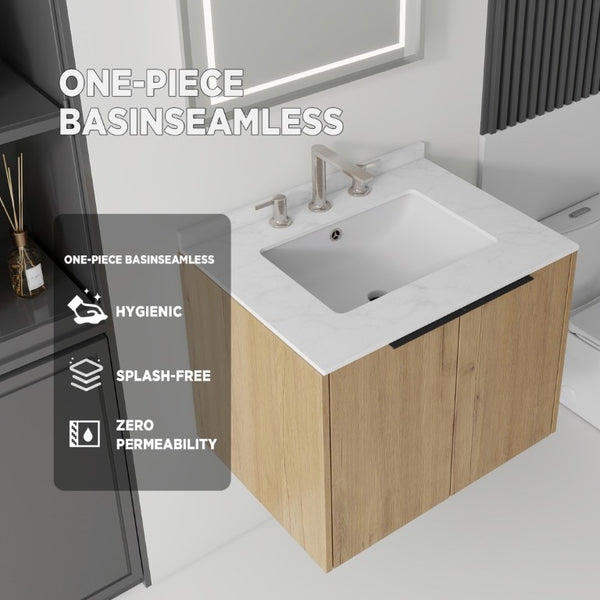 English Elm 24 Inch Floating Bathroom Vanity with Undermount Sink and Cultured Marble Top Oak - A Carrara White B2775S00081