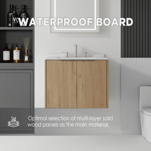English Elm 24 Inch Floating Bathroom Vanity with Undermount Sink and Cultured Marble Top Oak - A Carrara White B2775S00081