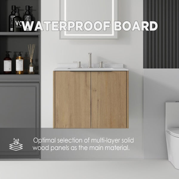 English Elm 24 Inch Floating Bathroom Vanity with Undermount Sink and Cultured Marble Top Oak - A Carrara White B2775S00081
