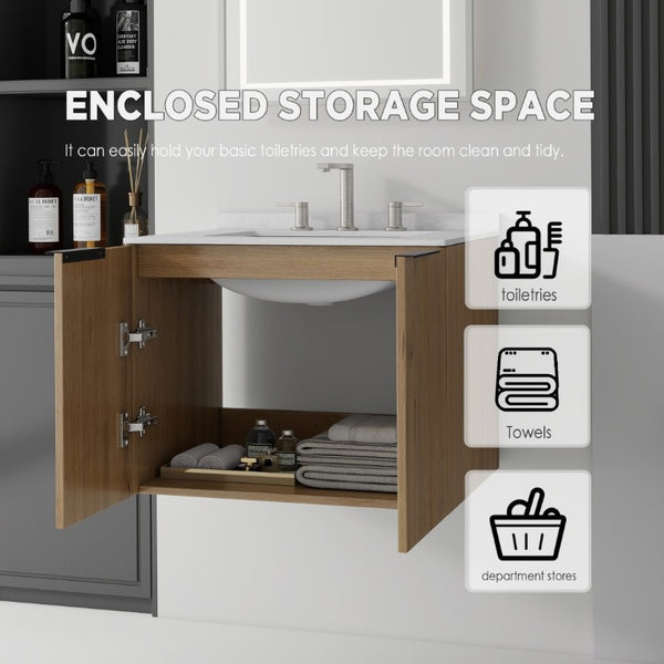 English Elm 24 Inch Floating Bathroom Vanity with Undermount Sink and Cultured Marble Top Oak - A Carrara White B2775S00081