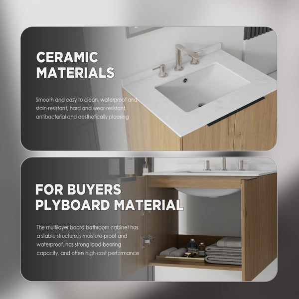 English Elm 24 Inch Floating Bathroom Vanity with Undermount Sink and Cultured Marble Top Oak - A Carrara White B2775S00081