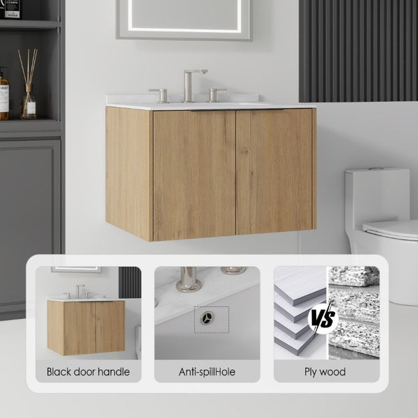 English Elm 24 Inch Floating Bathroom Vanity with Undermount Sink and Cultured Marble Top Oak - A Carrara White B2775S00081