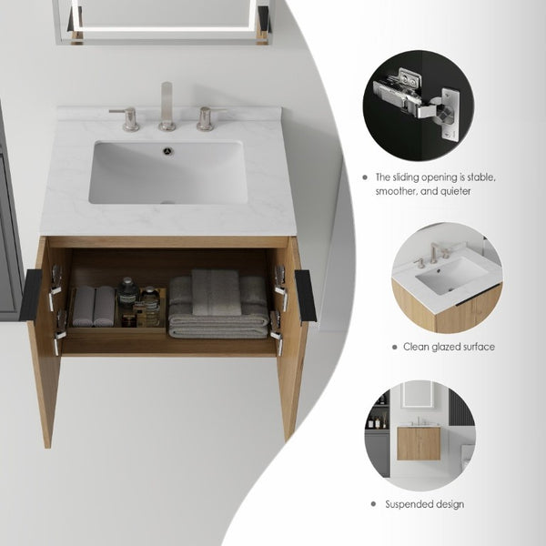 English Elm 24 Inch Floating Bathroom Vanity with Undermount Sink and Cultured Marble Top Oak - A Carrara White B2775S00081