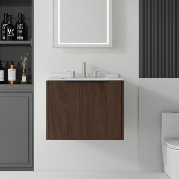 English Elm 24 Inch Floating Bathroom Vanity with Undermount Sink and Cultured Marble Top Brown Carrara White B2775S00082