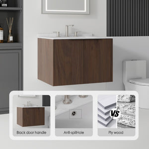 English Elm 24 Inch Floating Bathroom Vanity with Undermount Sink and Cultured Marble Top Brown Carrara White B2775S00082