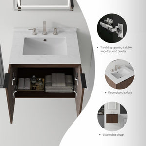 English Elm 24 Inch Floating Bathroom Vanity with Undermount Sink and Cultured Marble Top Brown Carrara White B2775S00082