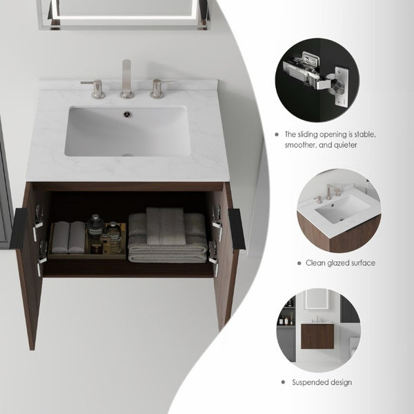 English Elm 24 Inch Floating Bathroom Vanity with Undermount Sink and Cultured Marble Top Brown Carrara White B2775S00082