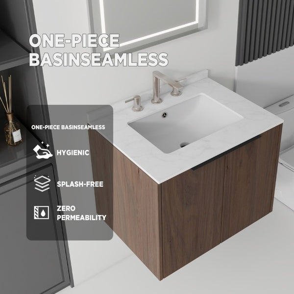 English Elm 24 Inch Floating Bathroom Vanity with Undermount Sink and Cultured Marble Top Brown Carrara White B2775S00082