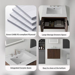 English Elm 24 Inch Floating Bathroom Vanity with Undermount Sink and Cultured Marble Top Brown Carrara White B2775S00082