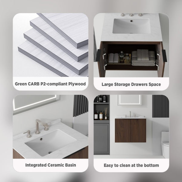 English Elm 24 Inch Floating Bathroom Vanity with Undermount Sink and Cultured Marble Top Brown Carrara White B2775S00082