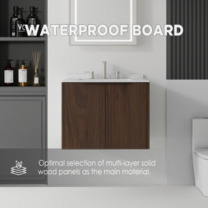 English Elm 24 Inch Floating Bathroom Vanity with Undermount Sink and Cultured Marble Top Brown Carrara White B2775S00082